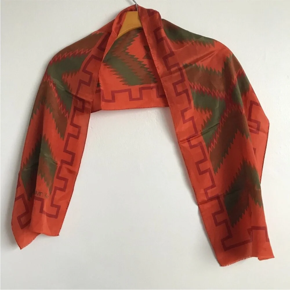 Vtg CALVIN KLEIN SCARF 100% SILK ORANGE RECTANGLE WRAP NATIVE AMERICAN GEO